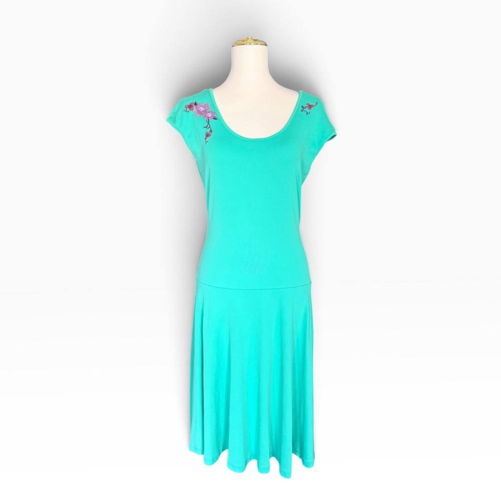 Vintage Carilyn Vaile M lite green Floral Applique Drop Waist Stretch Dress Y2K